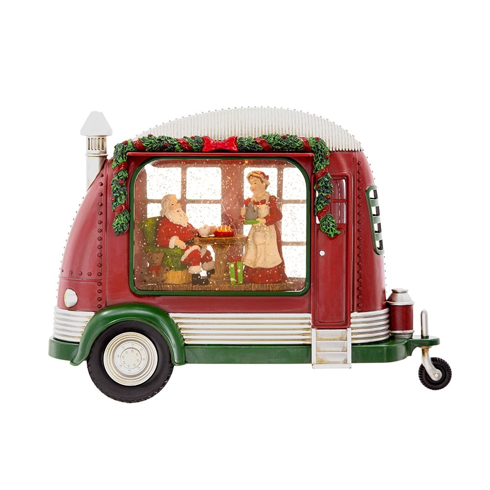 Christmas Plastic / Resin Camper With Mr & Mrs Santa Tea Time LED / Water Spinning / 2 Way Switch, 3*AA Required - Red