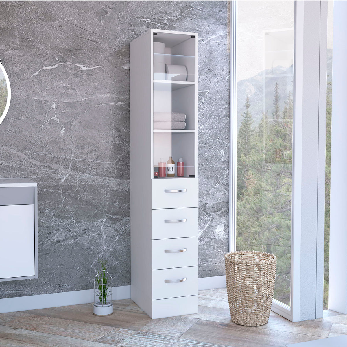 Linen Cabinet, 3 Shelves, 4 Drawers And Metal Handles - White