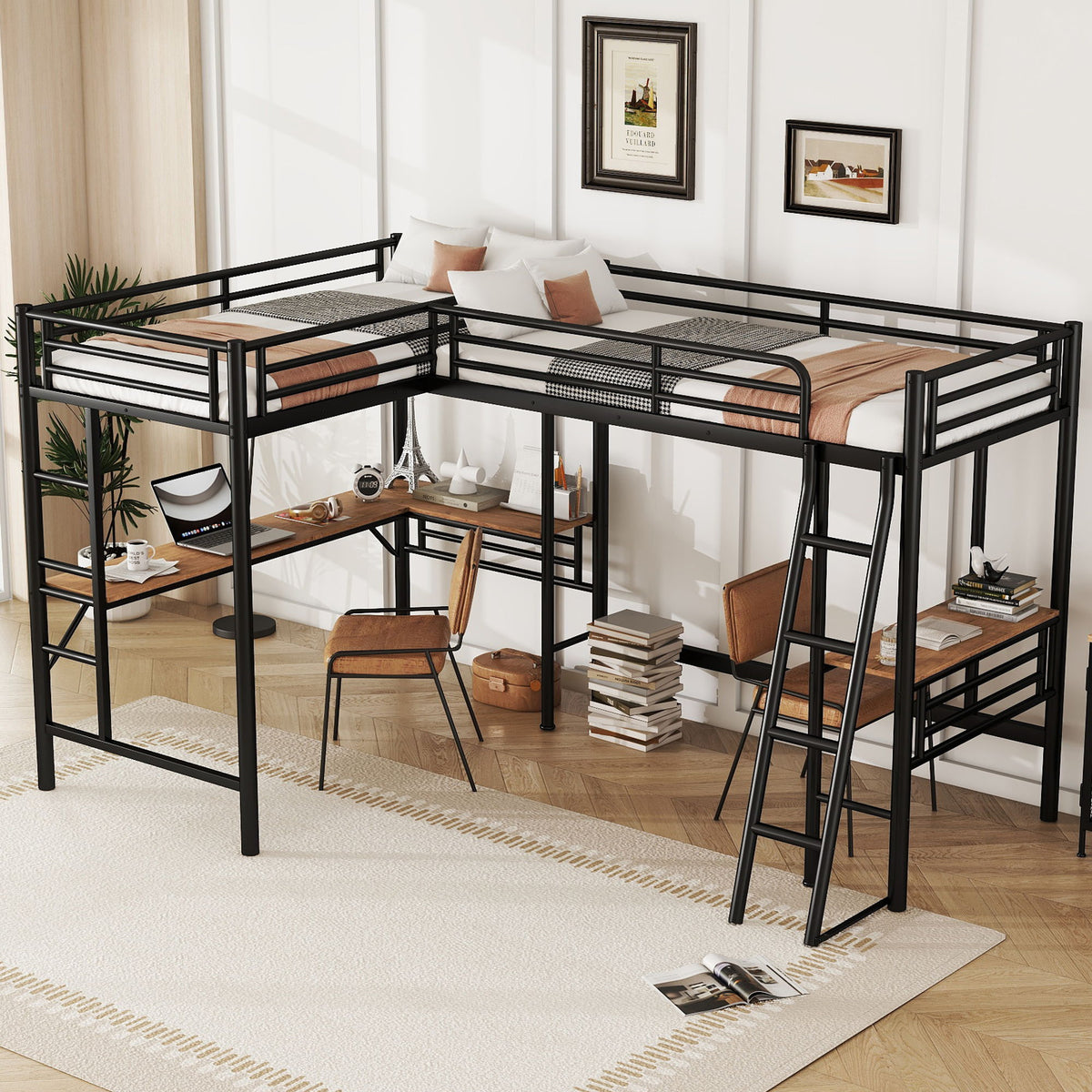 Twin Loft Bed With 2 Built In Desks, Mission Style - Black