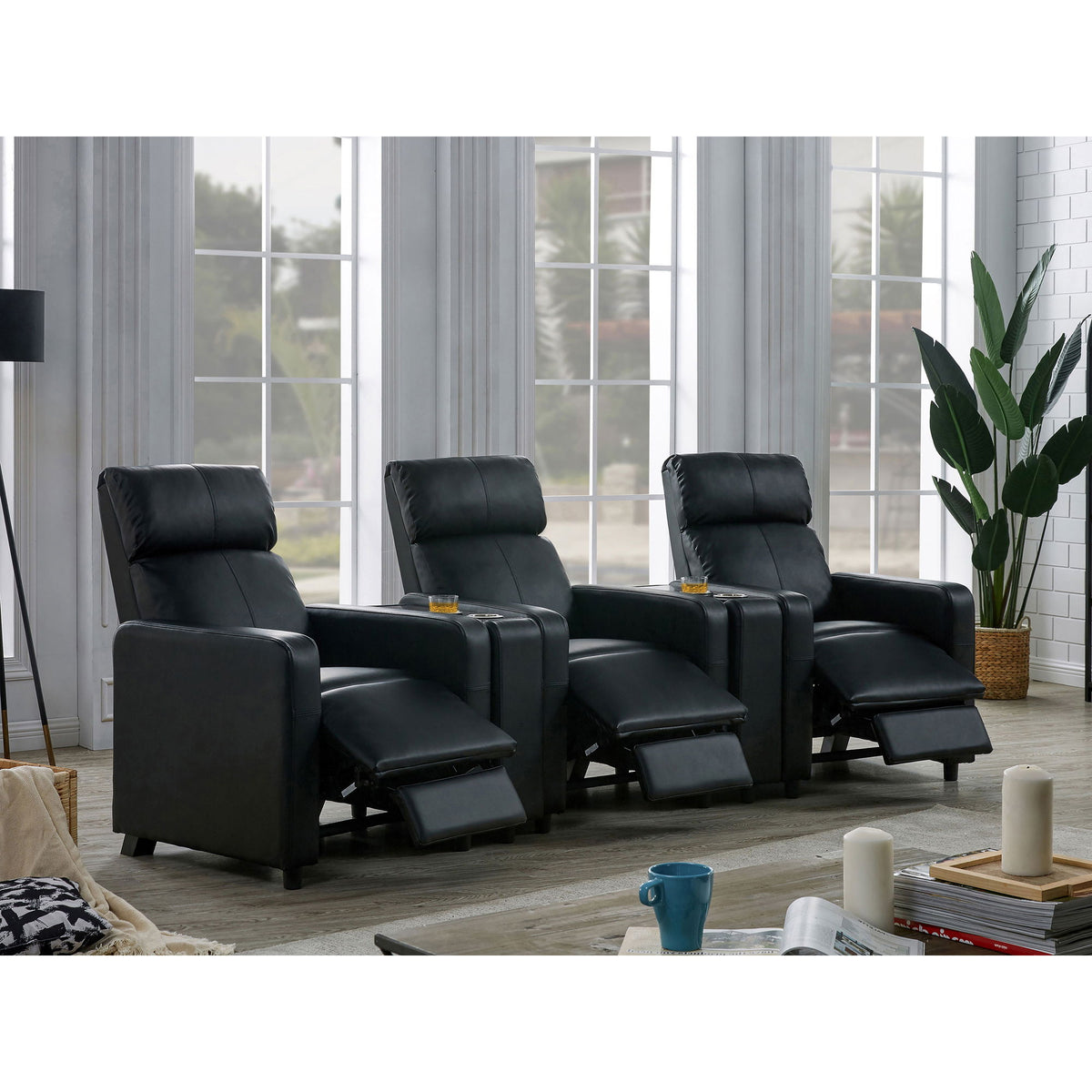 Warren - 3 Seater Home Theater With 2 Wedge Consoles Recliners - Black