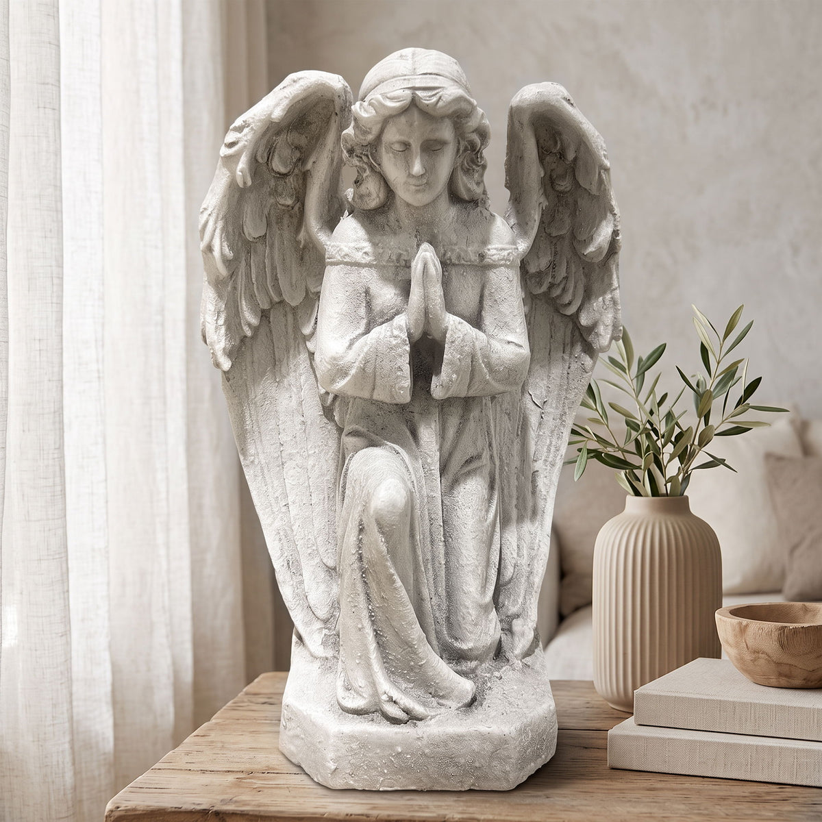 Praying Angel Statue Weatherproof Cherub Sculpture Outdoor Garden Lawn Decor Ornament - Antique White / Gray