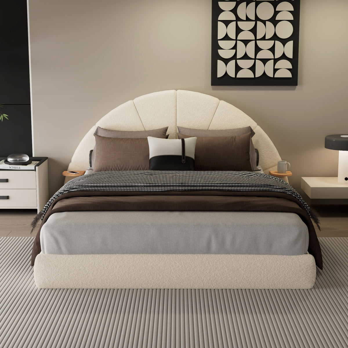 Queen Arched Bed With Small Table, Floor Standing Design - Beige