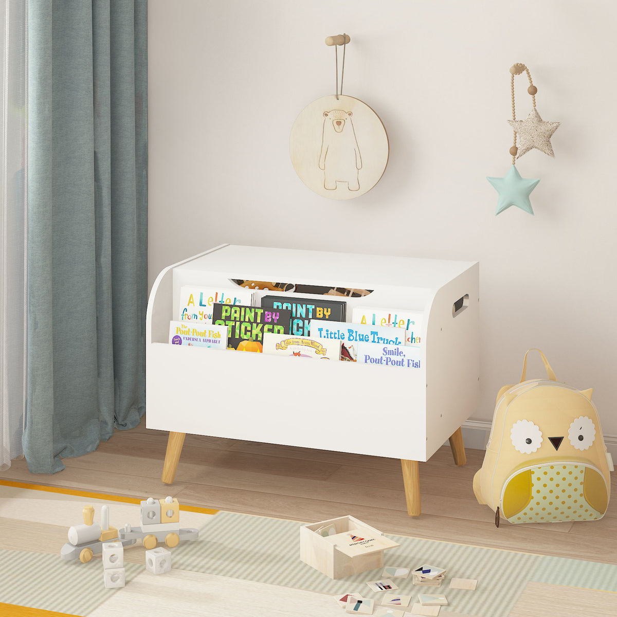 Toy Box With Front Bookshelf, Flip Top Lid, Safety Hinge For Kids Room Organization - White