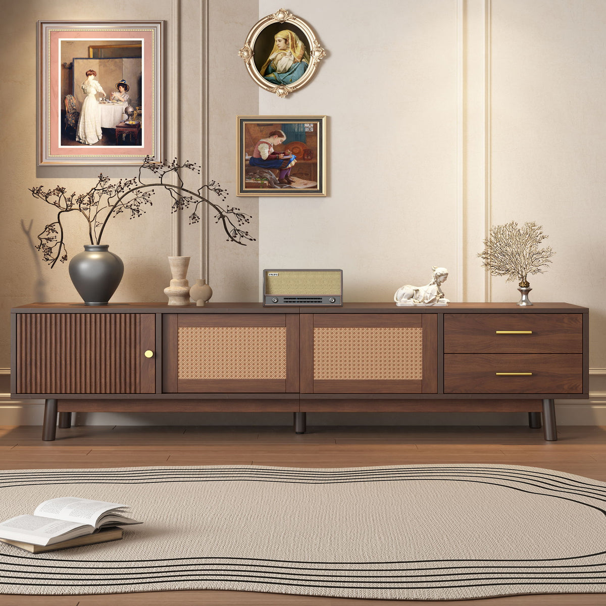 TV Stand For 80" TVs With Sliding Doors And Drawers, Accent Storage Unit - Dark Brown