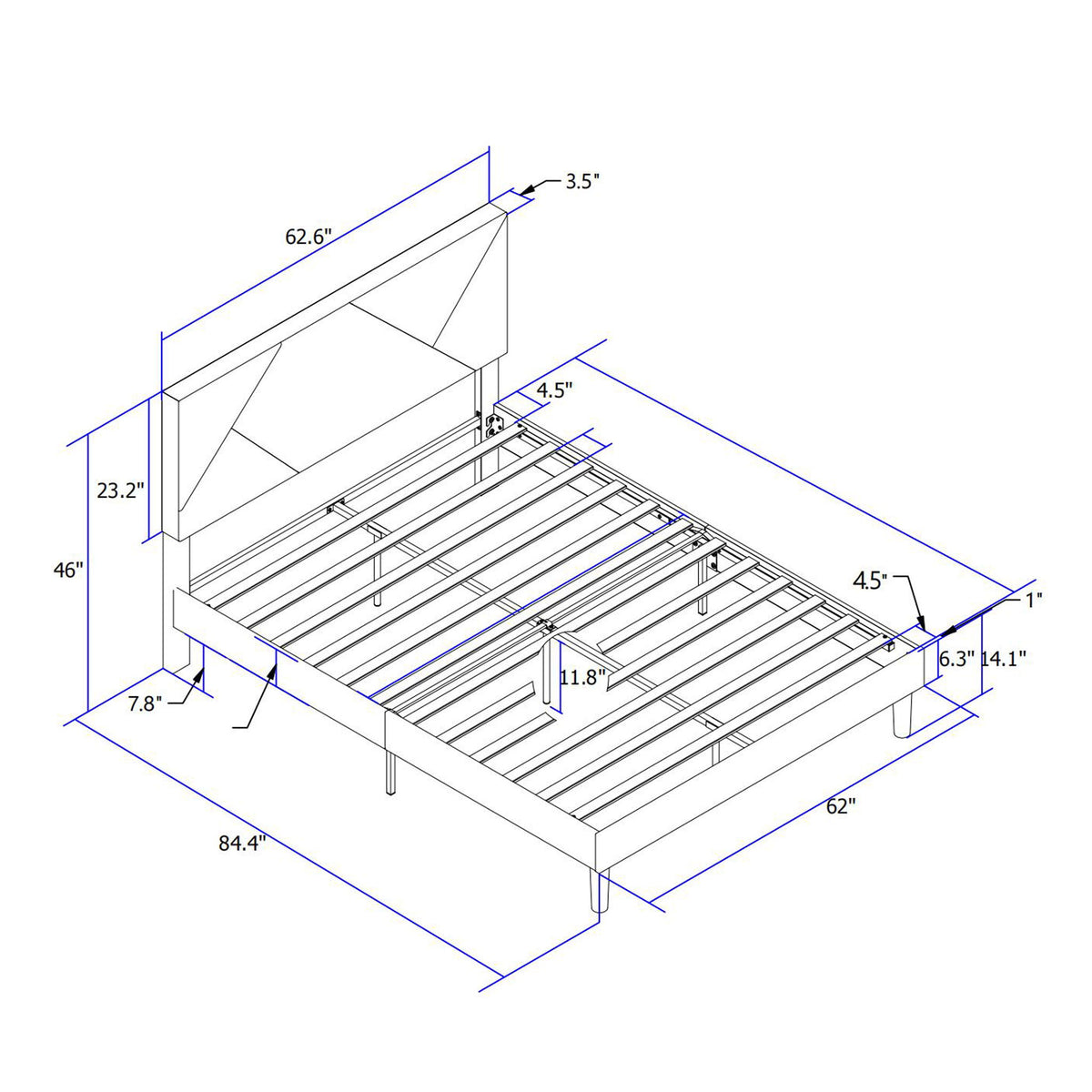 Upholstered Platform Bed Frame With Headboard, Wood Slat Support