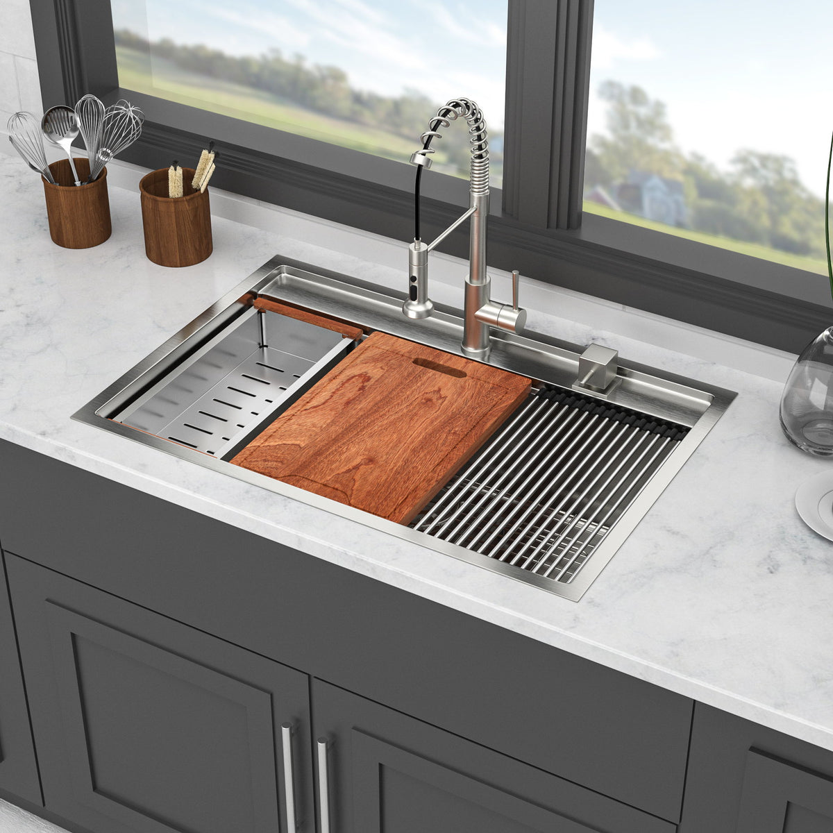 33" Drop In Kitchen Sink With Workstation, 16 Gauge Stainless Steel - Brushed Nickel