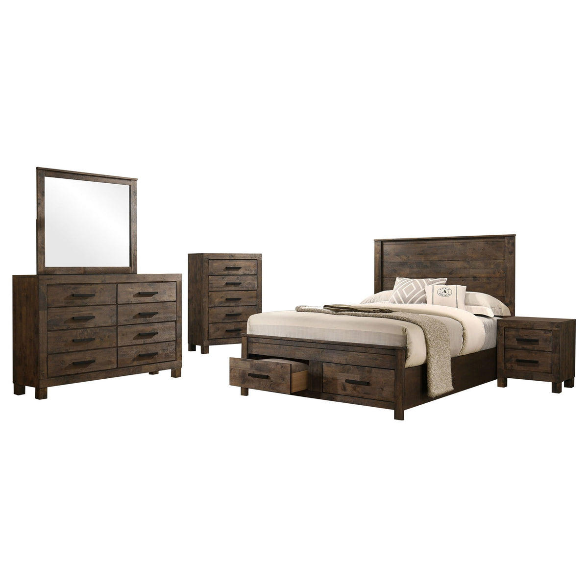 Greely - 5 Piece King Storage Bedroom Set Includes Bed, Nightstand, Dresser, Mirror & Chest - Rustic Brown