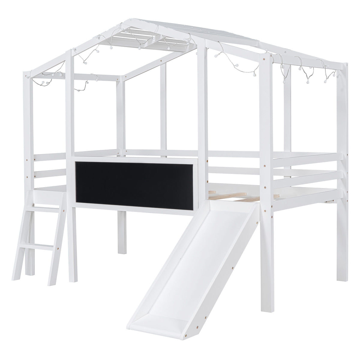 Loft House Bed With Ladder And Slide, With board And Light Strip On The Roof