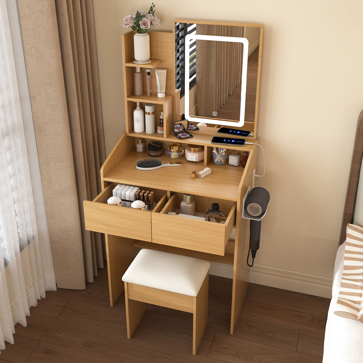 Vanity Table With LED Mirror, Power Outlet, Hairdryer Holder & Padded Stool, Compact Dressing Desk For Small Bedrooms - Wood