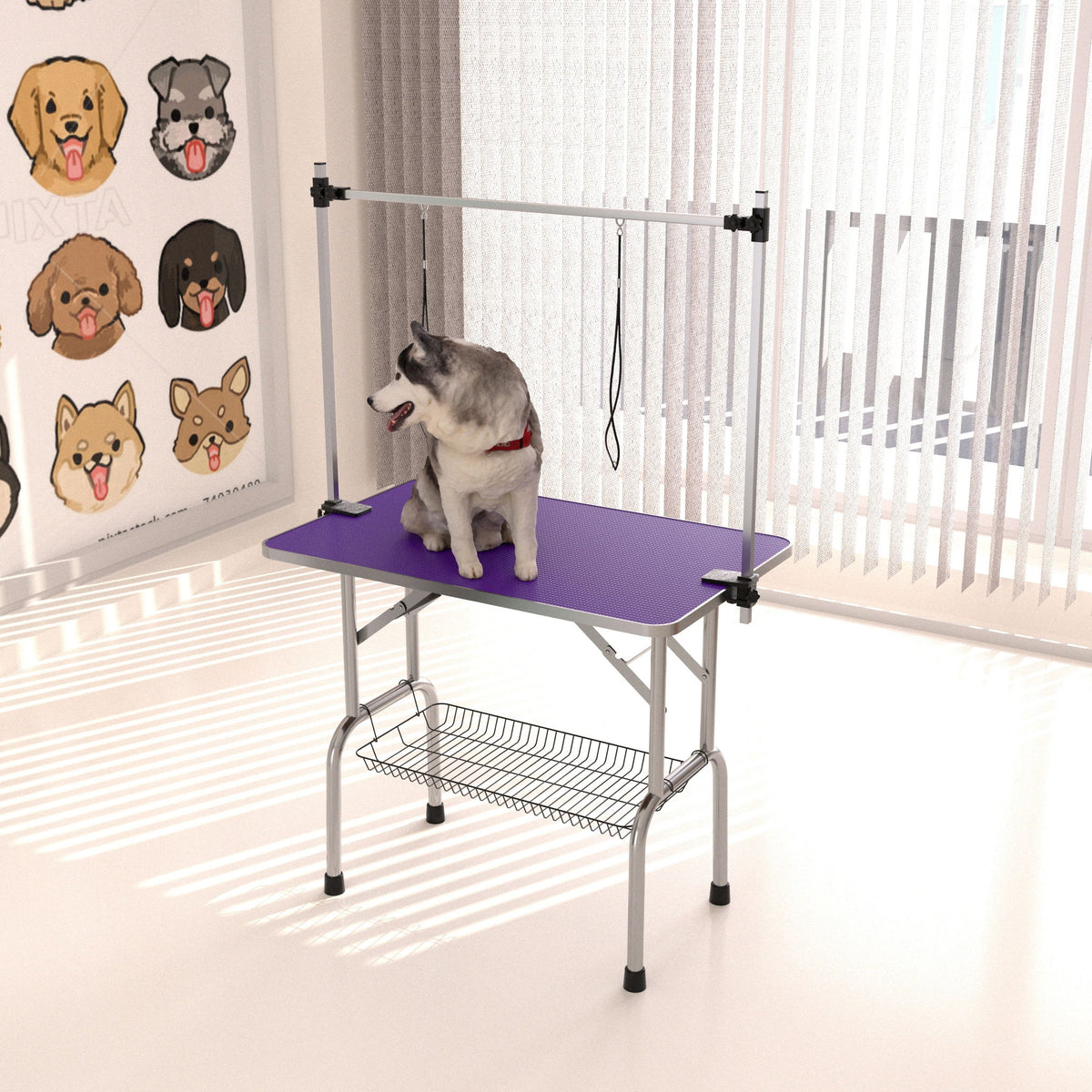 Mesa de aseo plegable para perros y gatos con marco de acero inoxidable y alfombrilla de goma integrada, brazo ajustable y abrazaderas.