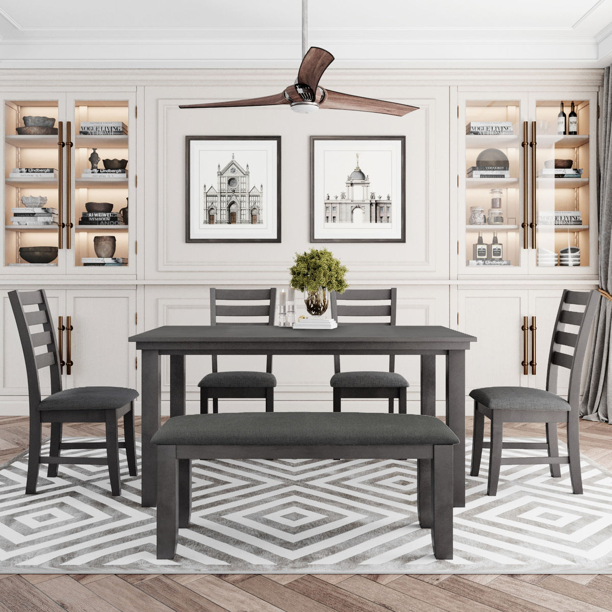 Dining Set For 6, Upholstered Chairs, Includes Table, 4 Chairs, And 2 Person Bench - Gray
