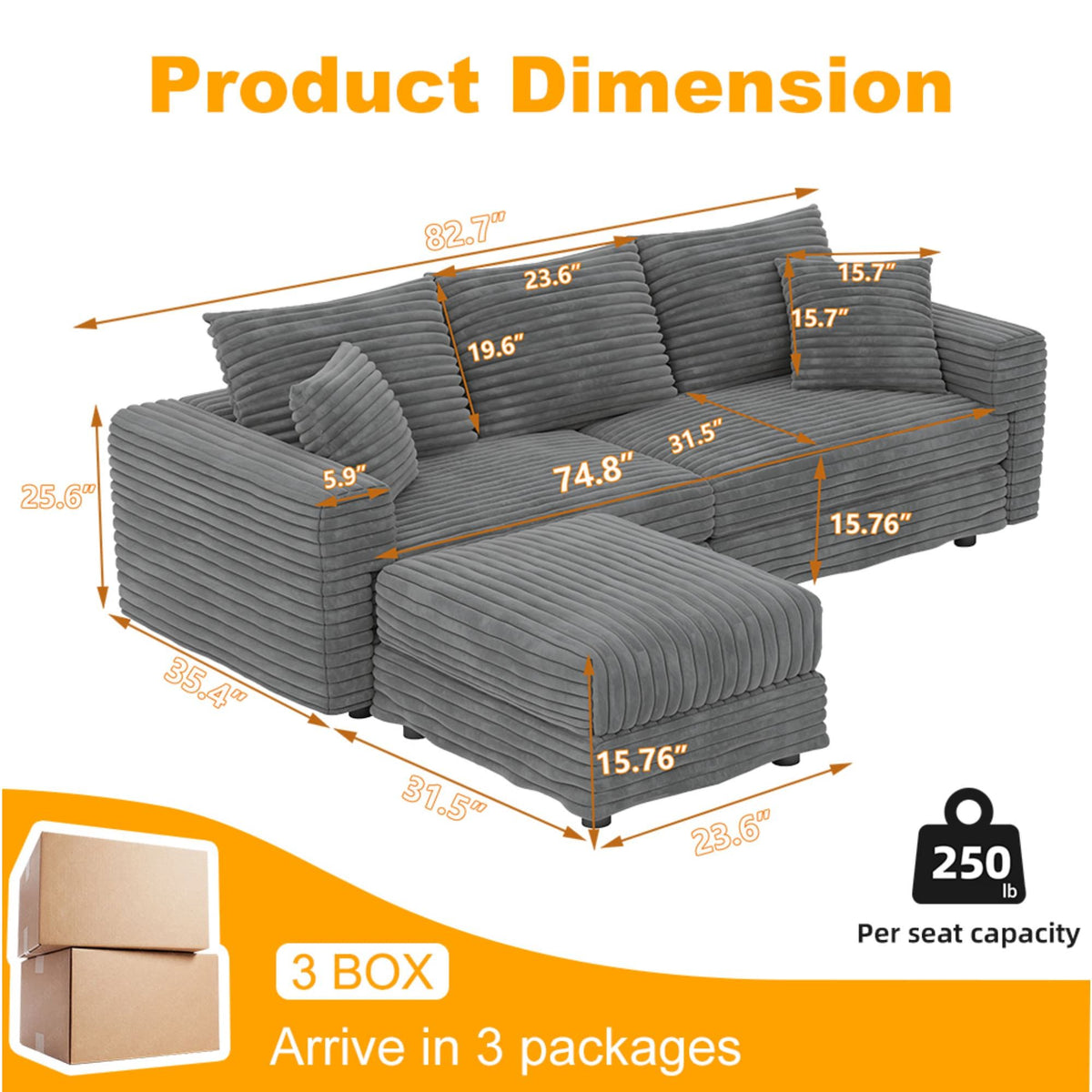 3 Seat Sofa, Deep Seat Couches With Soft Pillows And 1 Ottomans, Convertible Sofa Lounge Chair, For Living Room - Gray