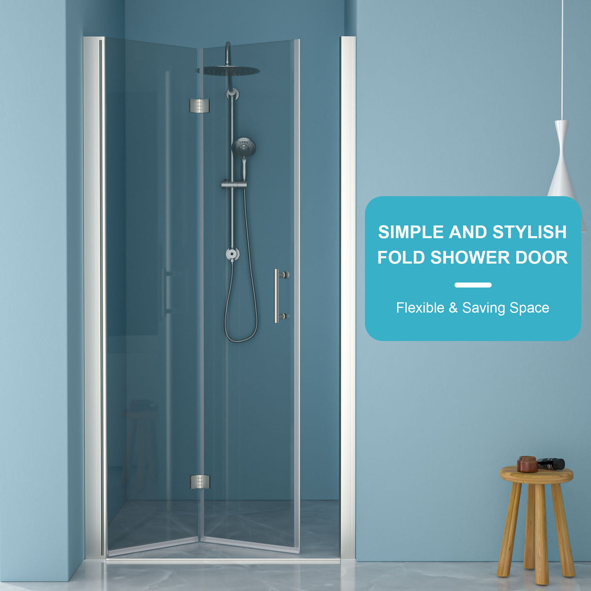 Bi Fold Frameless Shower Door With Tempered Glass - Brushed Silver