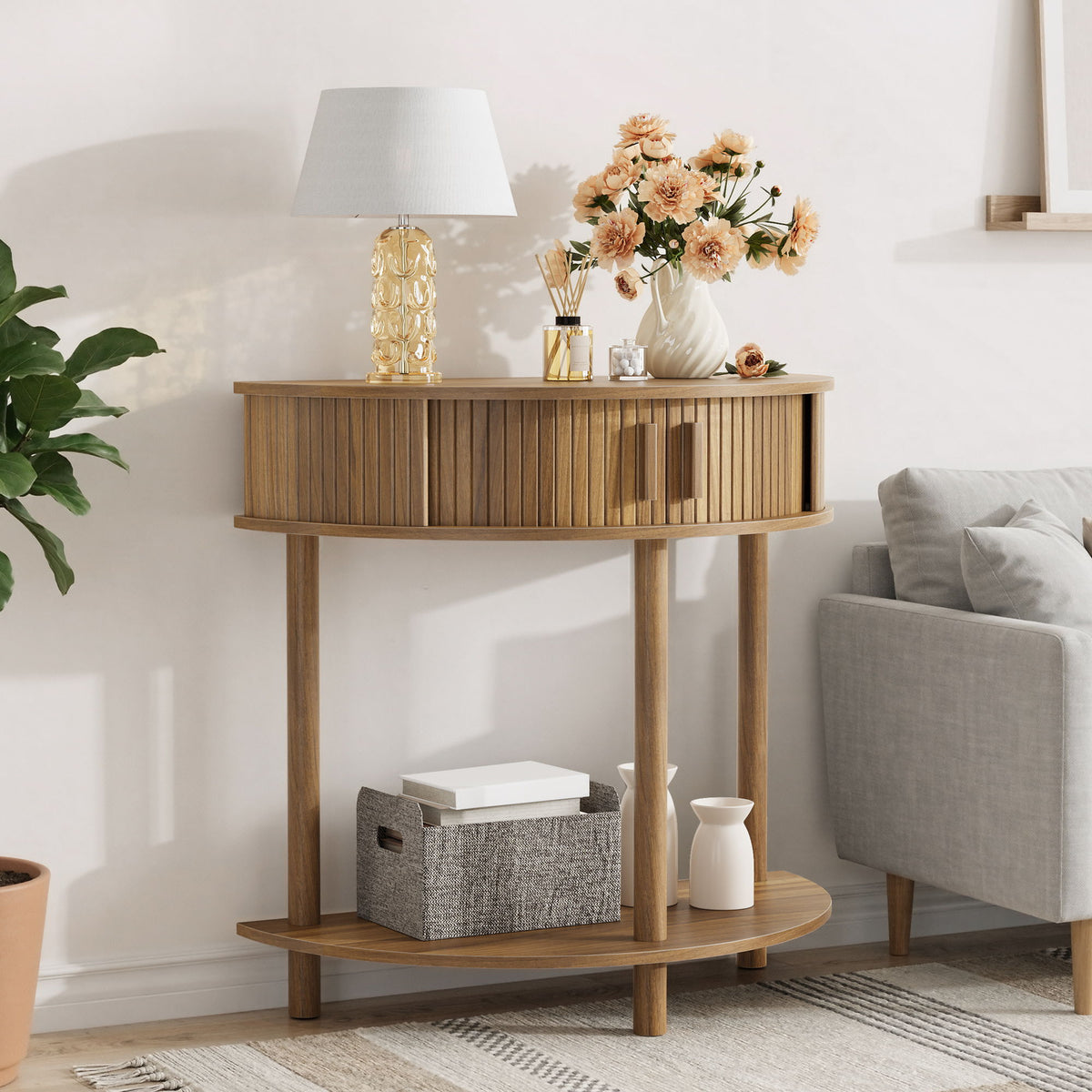 Half Moon Console Table For Living Room - Walnut
