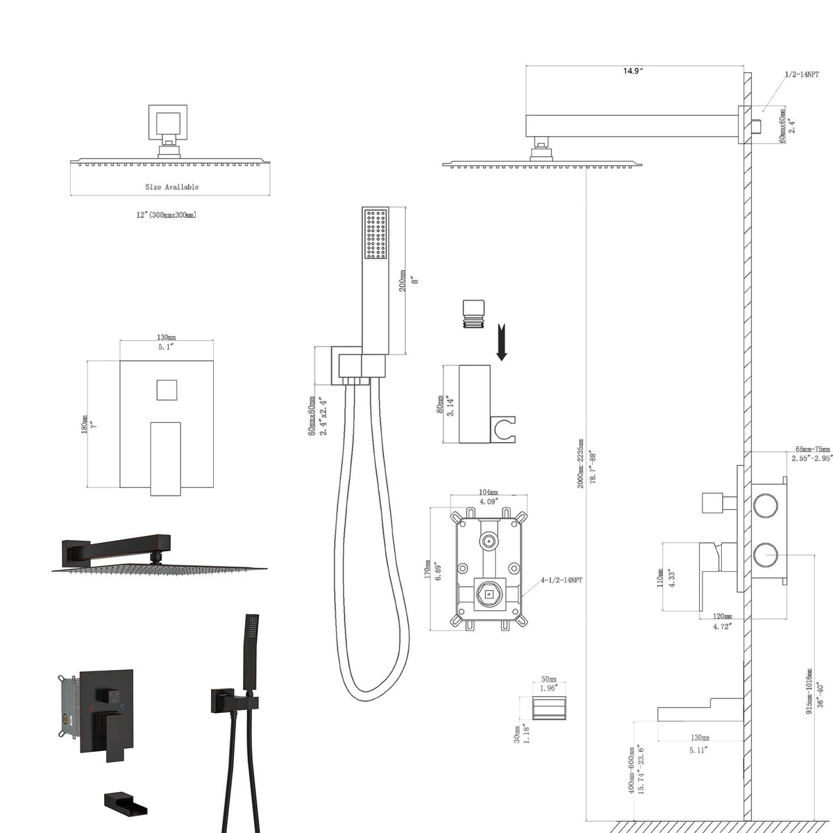 Wall Mounted Square Shower System With Waterfall Tub Spout And 12" Shower Head - Oil-Rubbed Bronze