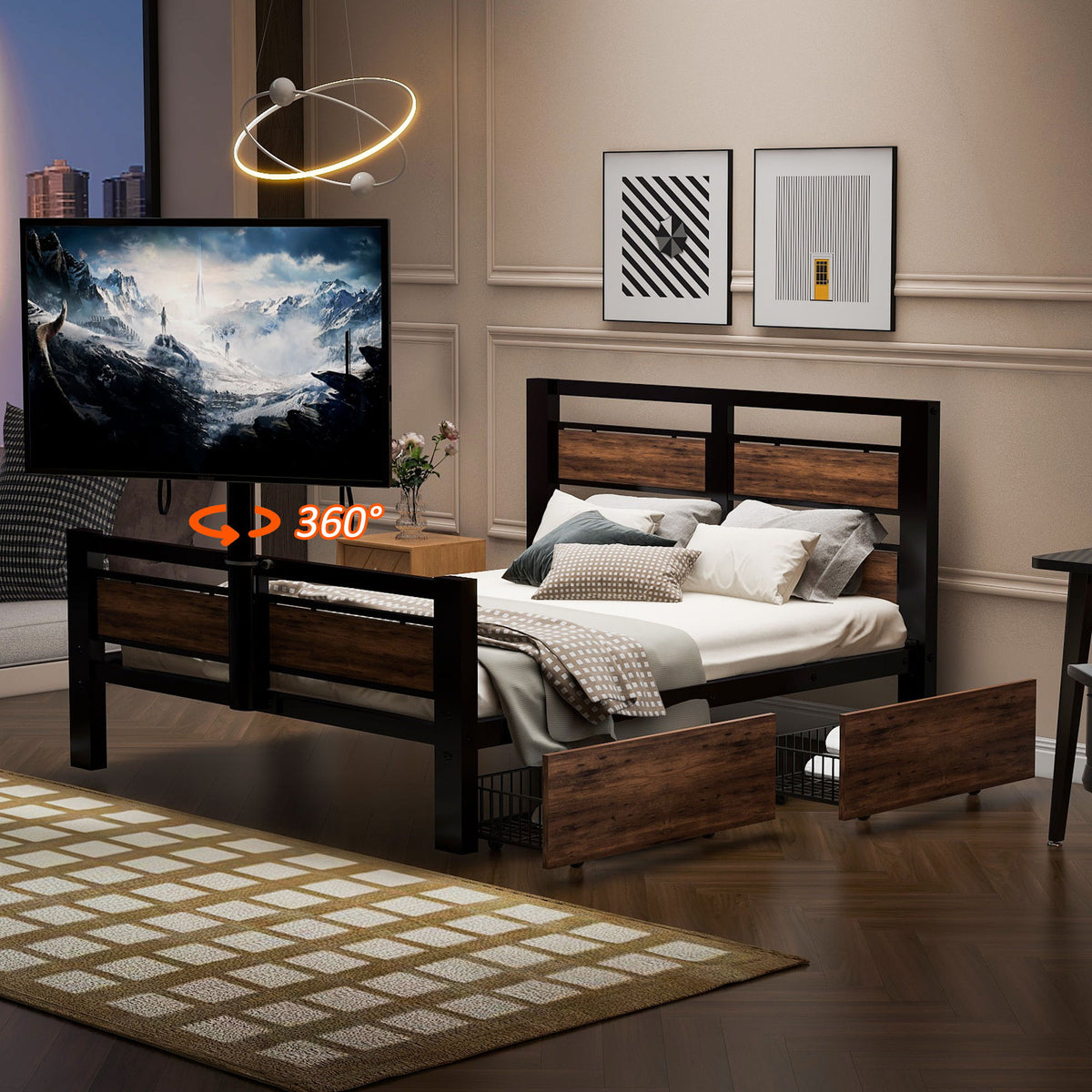 Twin Size Platform Bed With Headboard And Footboard, 2 Storage Drawers And Rotatable TV Stand - Black