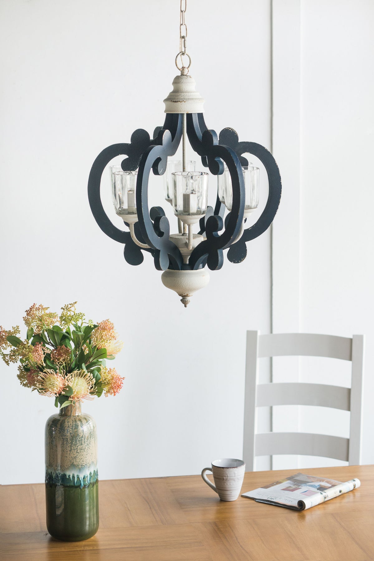 Wood Chandelier 6 Light Farmhouse Pendant Lighting Wood Hanging Light Fixture For Kitchen Living Dining Room, Bulb Not Included - Cream