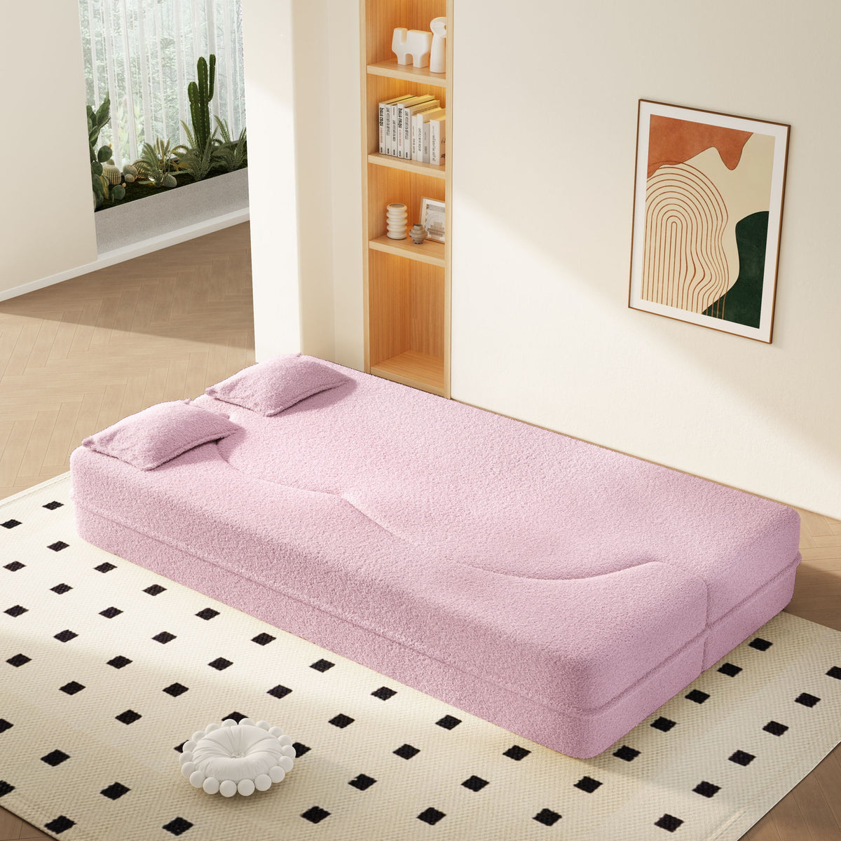 Modern Floor Sleeper Sofa Bed With 2 Pillows, Convertible Twin Size Folding Mattress For Living Room
