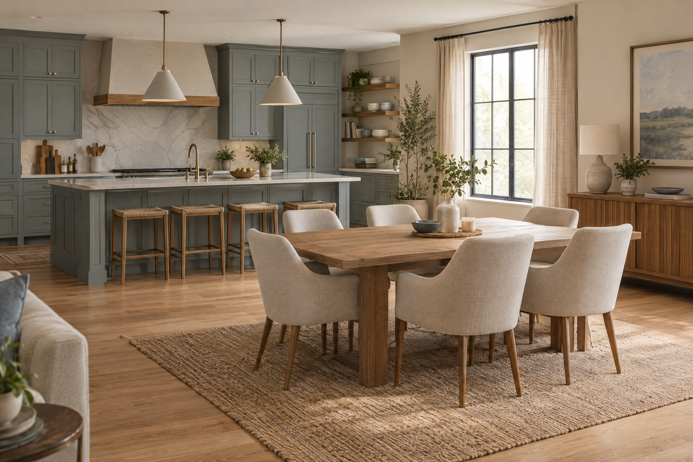 Styled kitchen and dining room with warm natural materials
