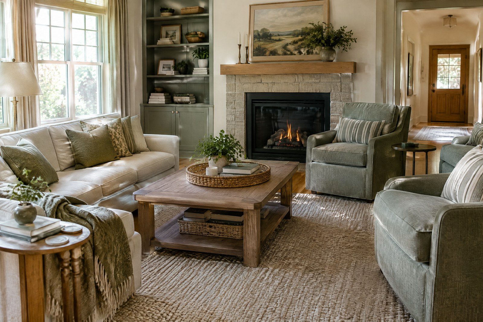 Warm living room with layered seating and natural light