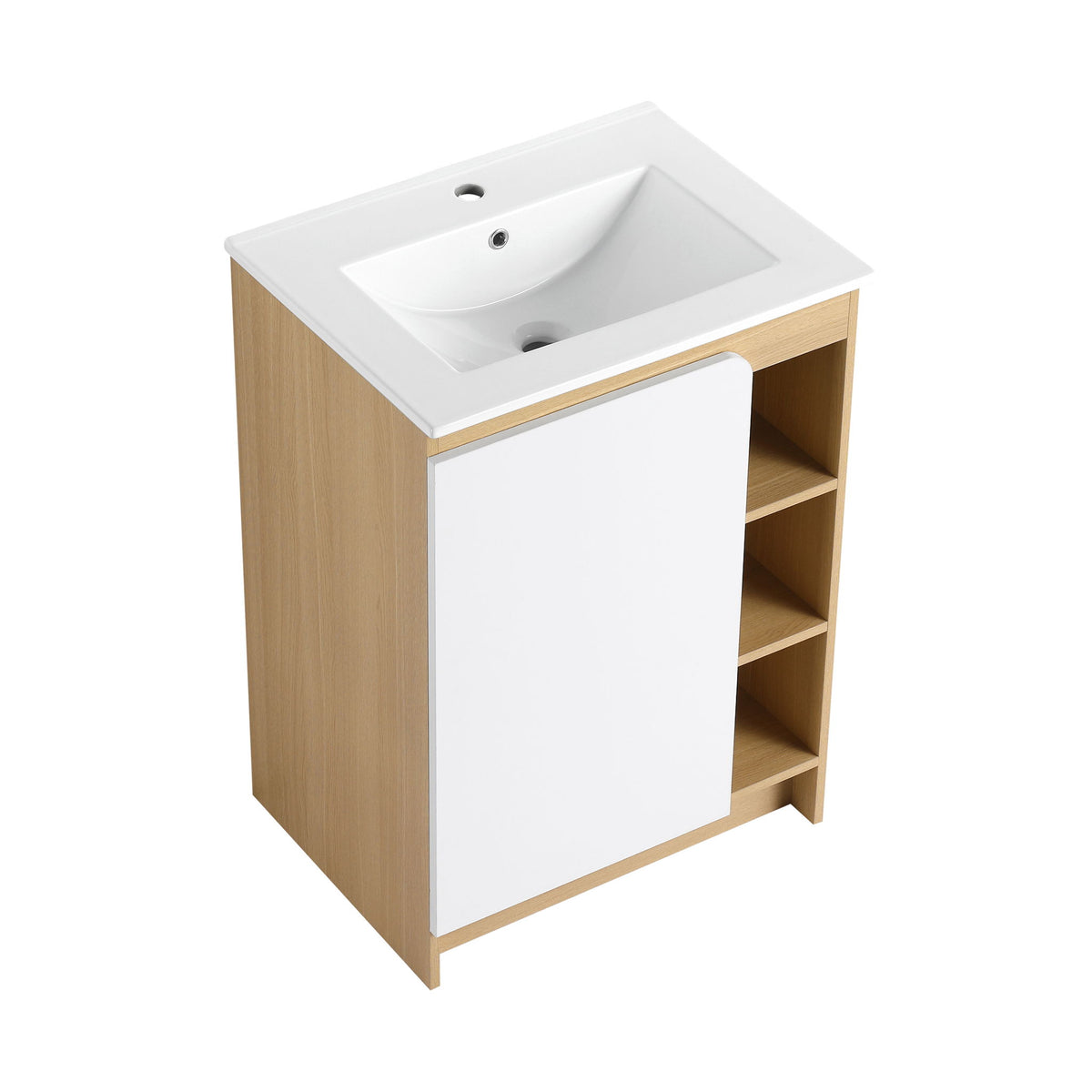 Freestanding Bathroom Vanity With Thin Rim Sink, Single Door With 4 Tier Open Shelves - Light Oak / White