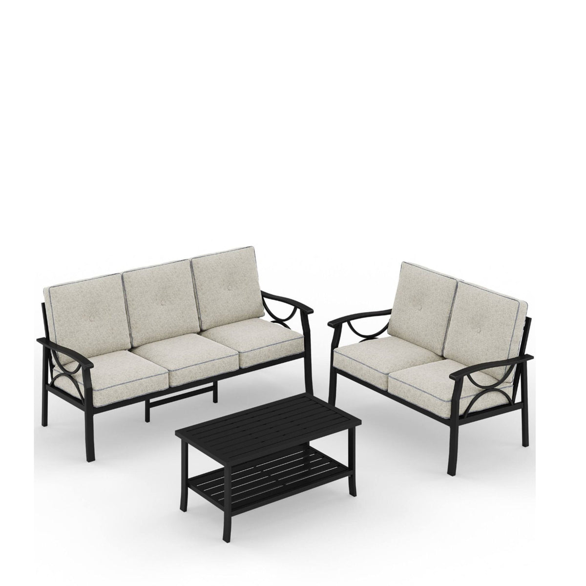 3 Piece Patio Furniture Set With Thick Cushions, Coffee Table For Backyard - Gray / Black
