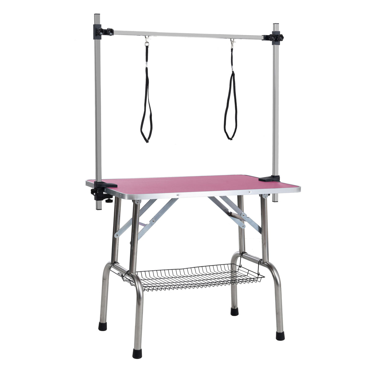 Mesa de aseo plegable para perros y gatos con marco de acero inoxidable y alfombrilla de goma integrada, brazo ajustable y abrazaderas.