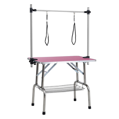 Mesa de aseo plegable para perros y gatos con marco de acero inoxidable y alfombrilla de goma integrada, brazo ajustable y abrazaderas.