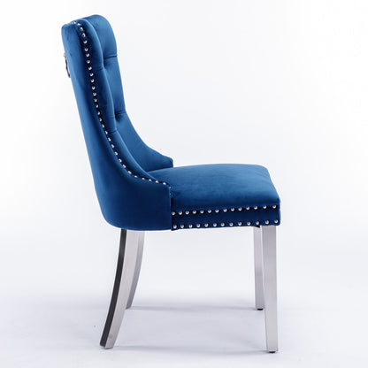 Nikki - Silla de comedor moderna y de alta gama, de madera maciza capitoné, tapizada en terciopelo, con patas de acero inoxidable cromado y ribete de tachuelas (juego de 2)