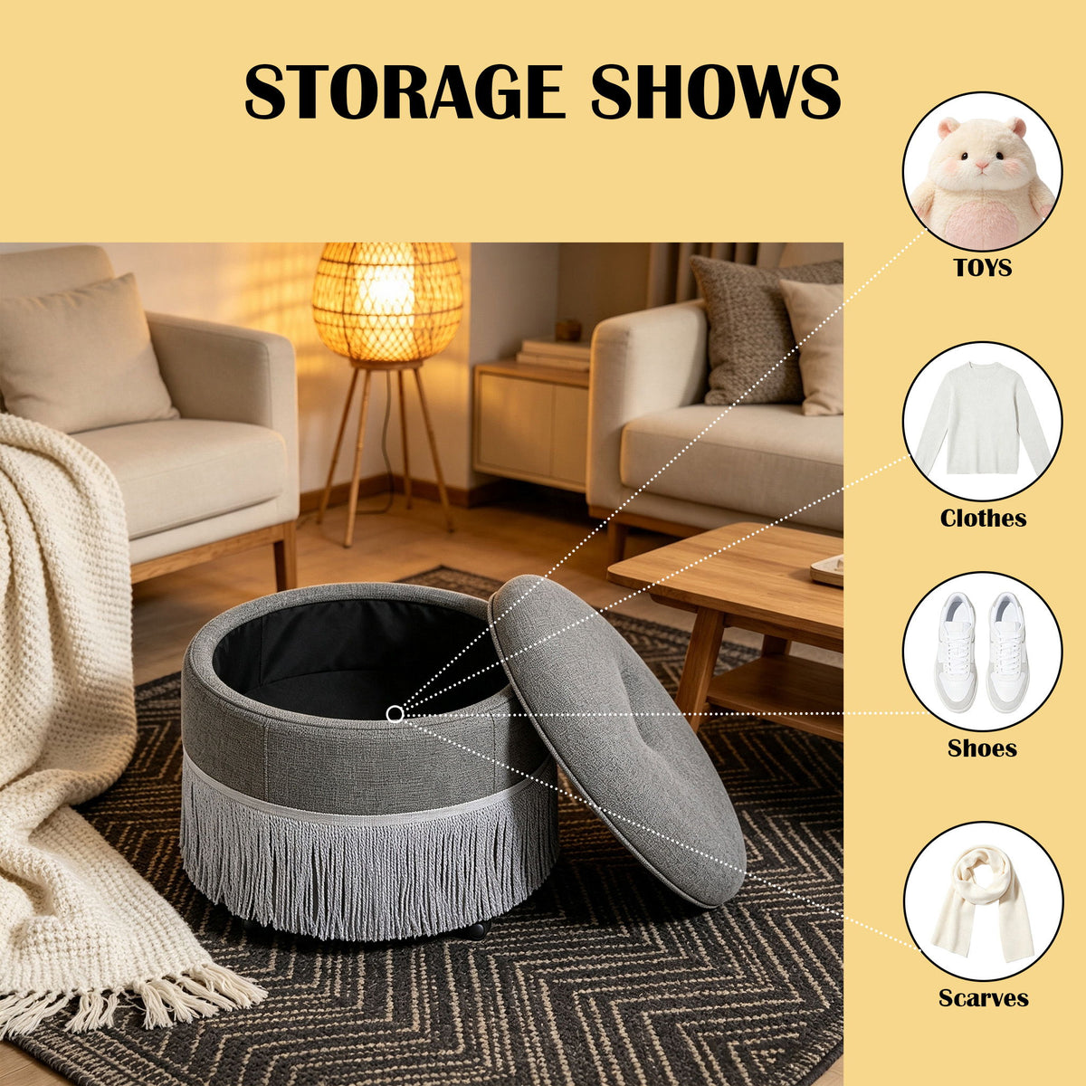 Round Storage Ottoman With Tassel, Decorative Accent Pouf For Living Room
