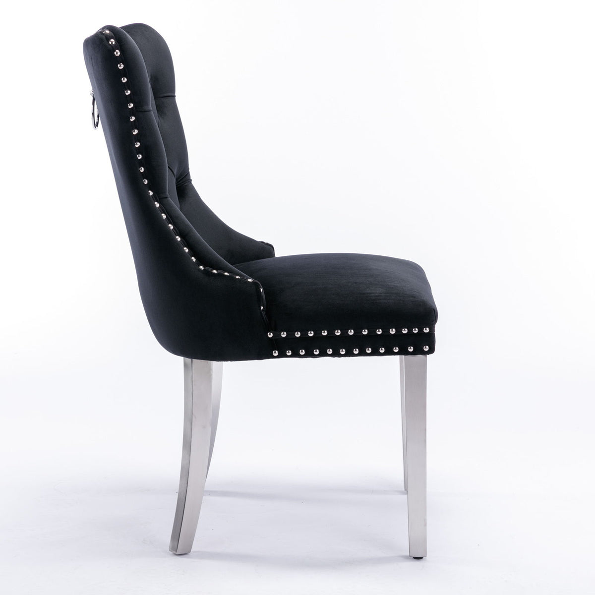 Nikki - Silla de comedor moderna y de alta gama, de madera maciza capitoné, tapizada en terciopelo, con patas de acero inoxidable cromado y ribete de tachuelas (juego de 2)