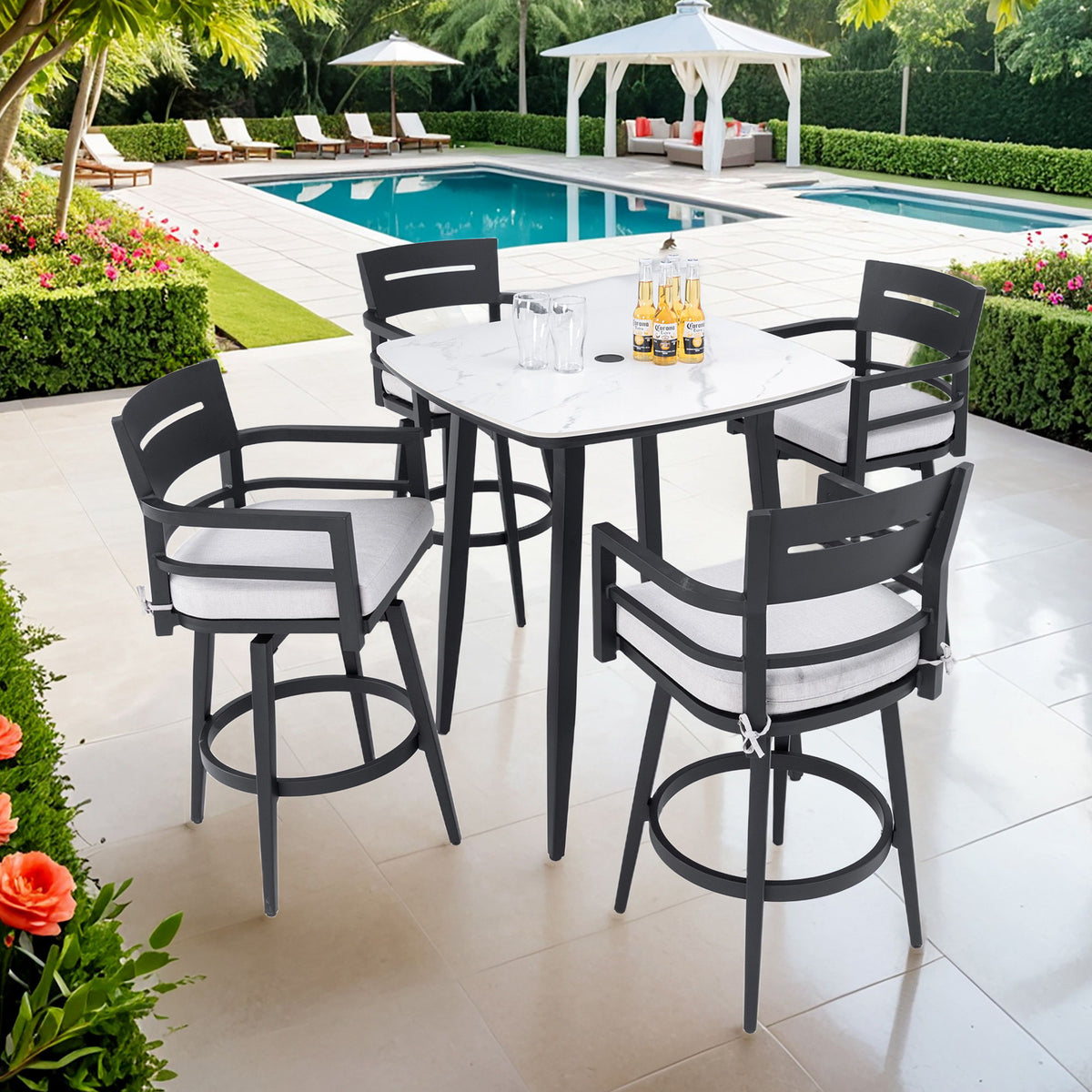 5 Pieces Outdoor Patio Bar Set, Rounded Square Sintered Stone Table & 4 Swivel Bar Chairs