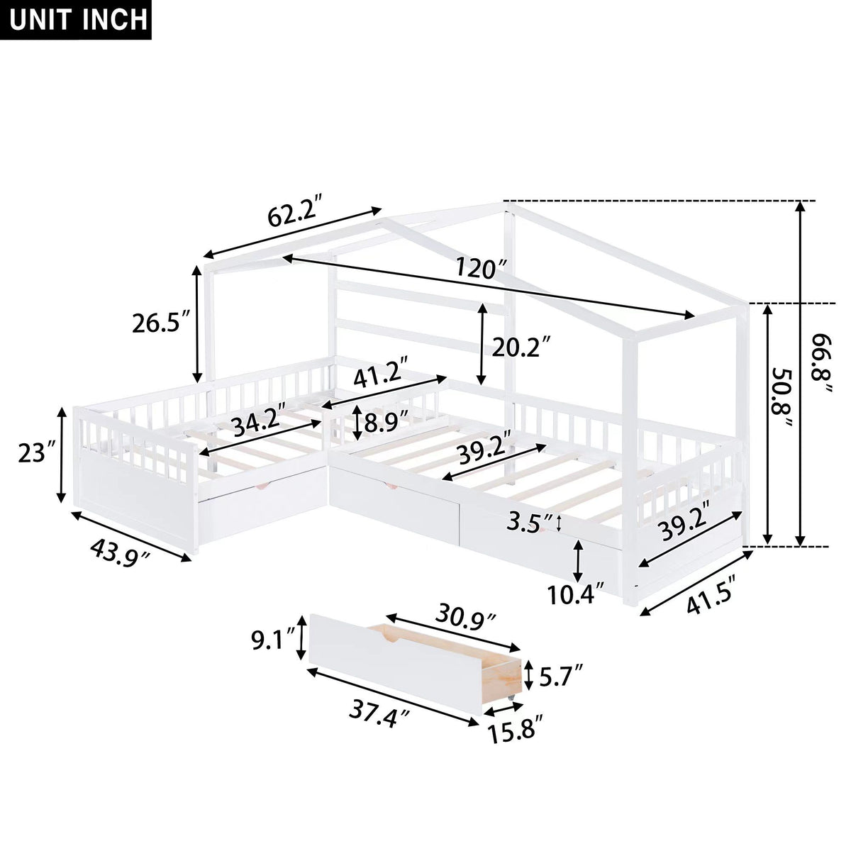 L Shape Platform Bed With 3 Storage Drawers