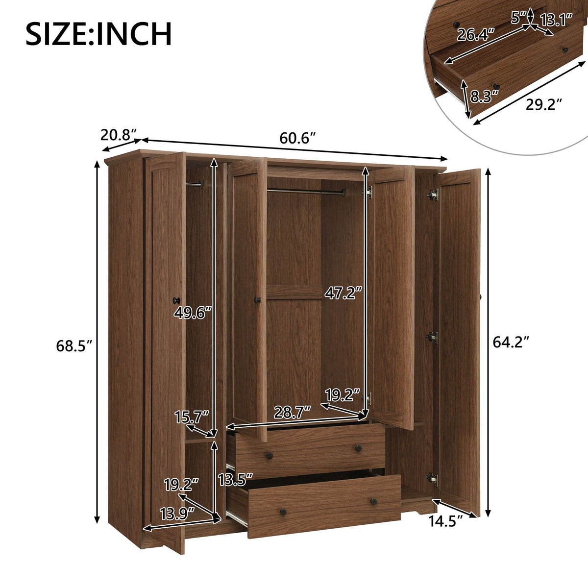 4 Door Wardrobe Armoire With 2 Drawers
