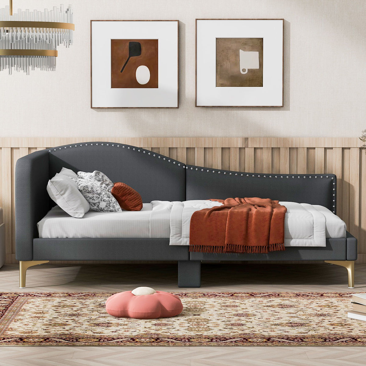 Upholstered Daybed With Headboard And Armrest, Support Legs