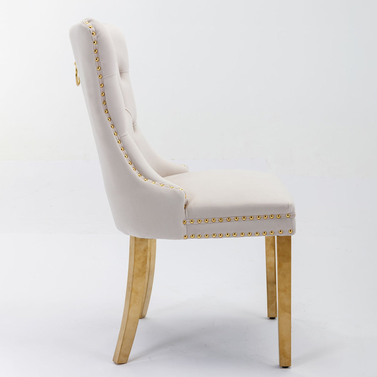 Nikki - Silla de comedor moderna y de alta gama, de madera maciza capitoné, tapizada en terciopelo, con patas de acero inoxidable dorado y ribete de tachuelas (juego de 2)