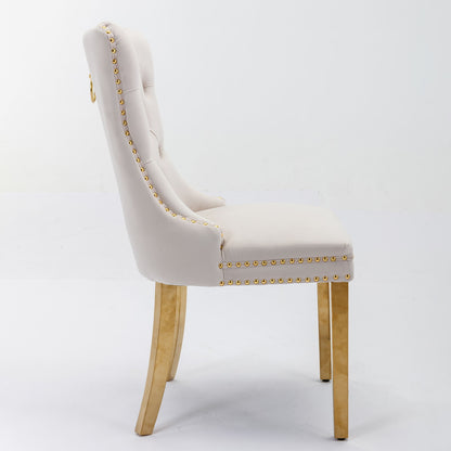 Nikki - Silla de comedor moderna y de alta gama, de madera maciza capitoné, tapizada en terciopelo, con patas de acero inoxidable dorado y ribete de tachuelas (juego de 2)