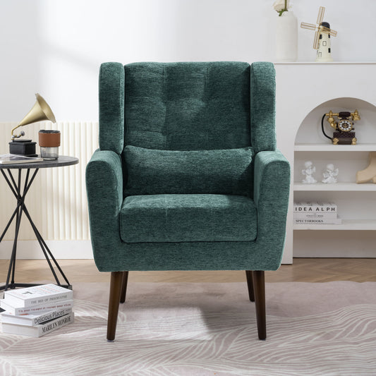 Sillón moderno con acento, sillones de chenilla para sala de estar, sillón tapizado moderno, cómodo sillón con acolchado suave para espacios pequeños, dormitorio, con almohada, patas de madera maciza
