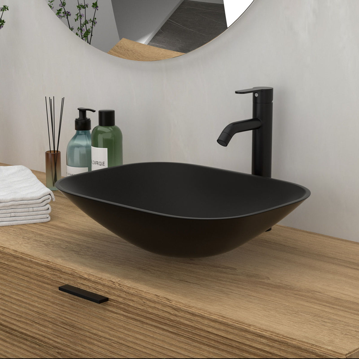 Artistic Tempered Glass Vessel Sink With Faucet And Pop Up Drain - Matte Black