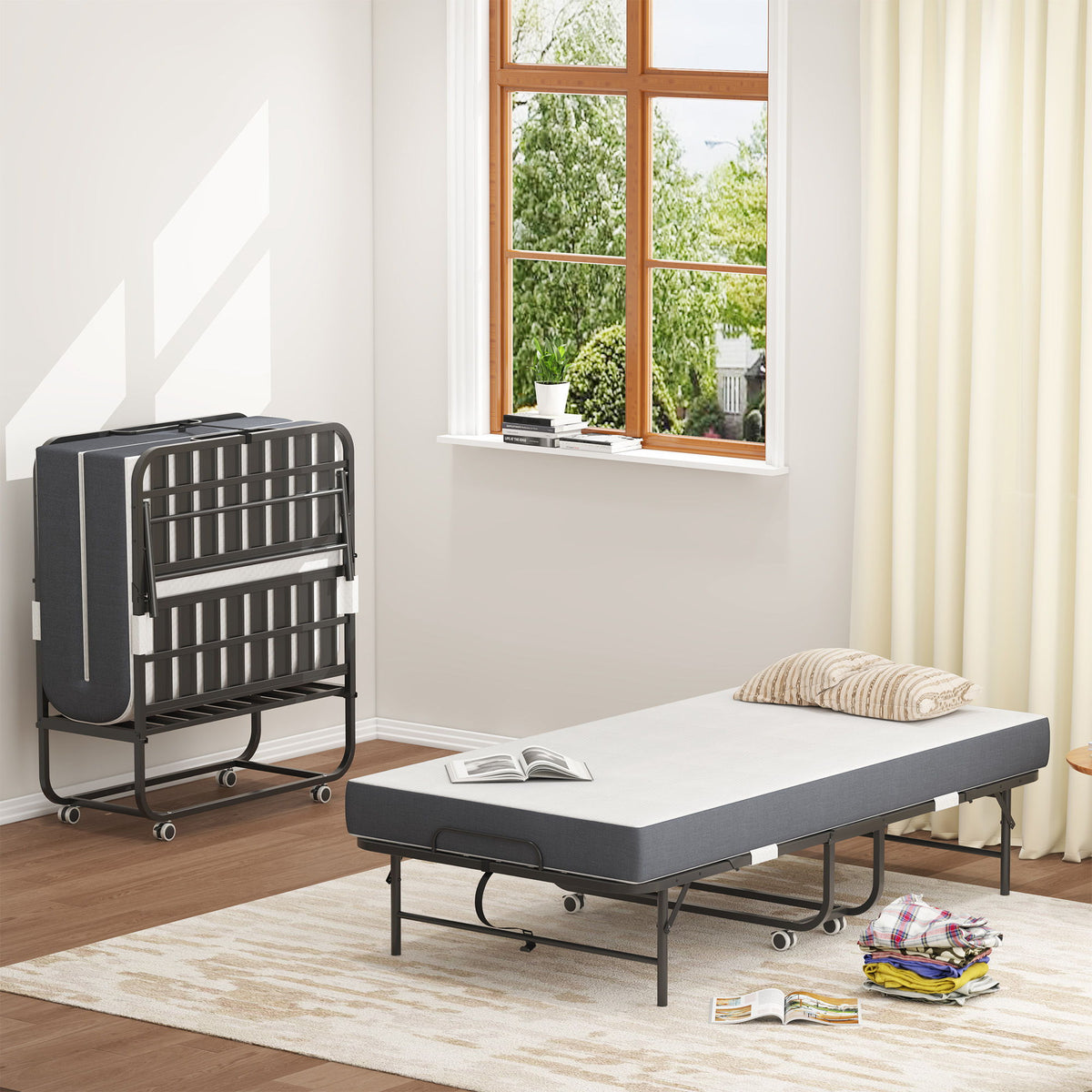 Twin Extra Long Folding Bed For Tall People, Heavy-Duty Rollaway Guest With Memory Foam Mattress - Black