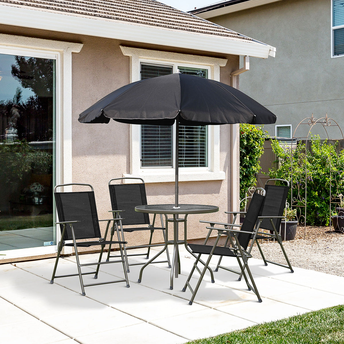 Outsunny - Juego de comedor para patio con sombrilla, sillas plegables y mesa de comedor, juego de muebles para patio exterior