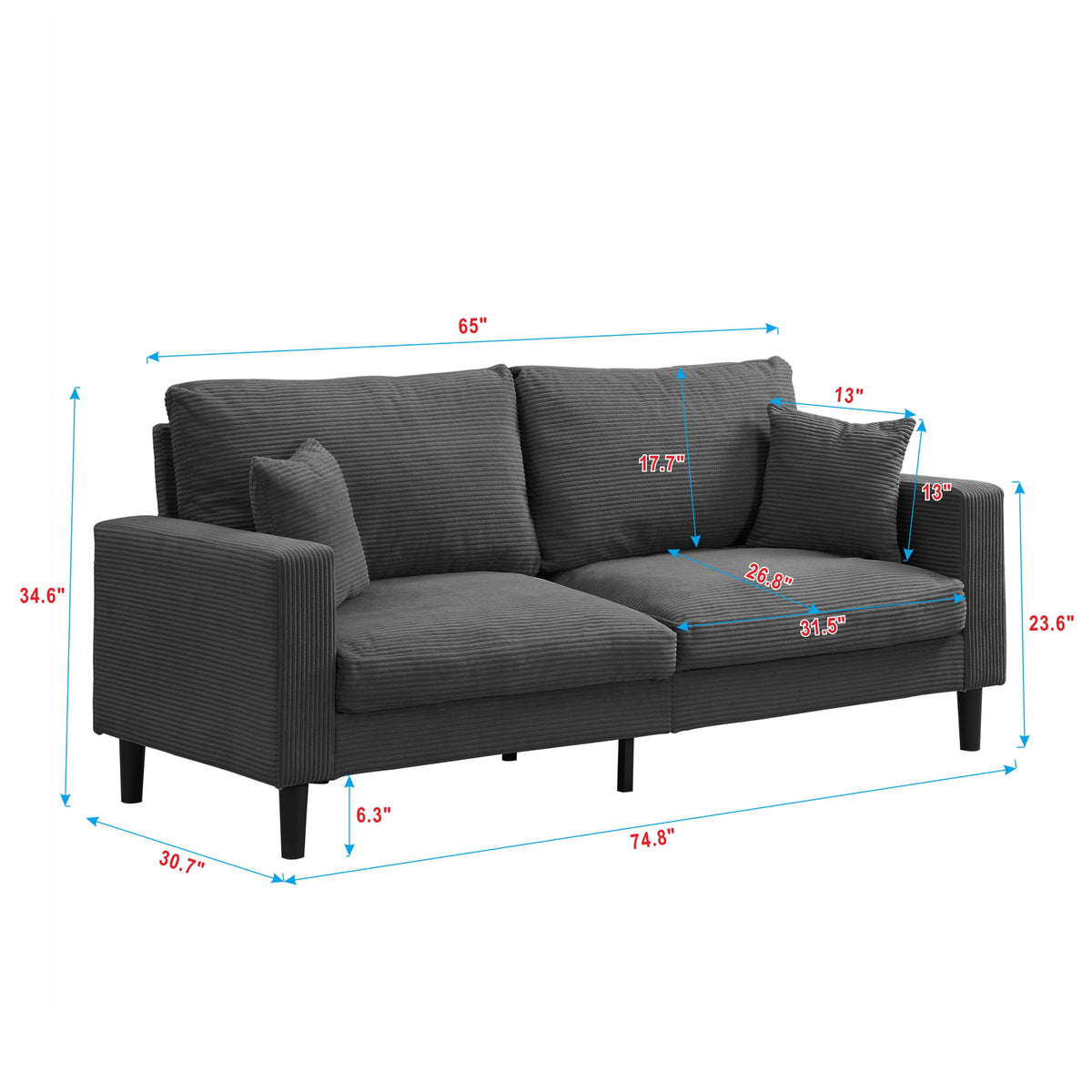 Modern Upholstered 3 Seat Sofa, High Resilience
