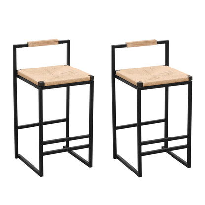 Stylish (Set of 2) Bar Stools With Backrest And Paper Rope Woven Seat, Counter Height Dining Chairs For Kitchen - Natural