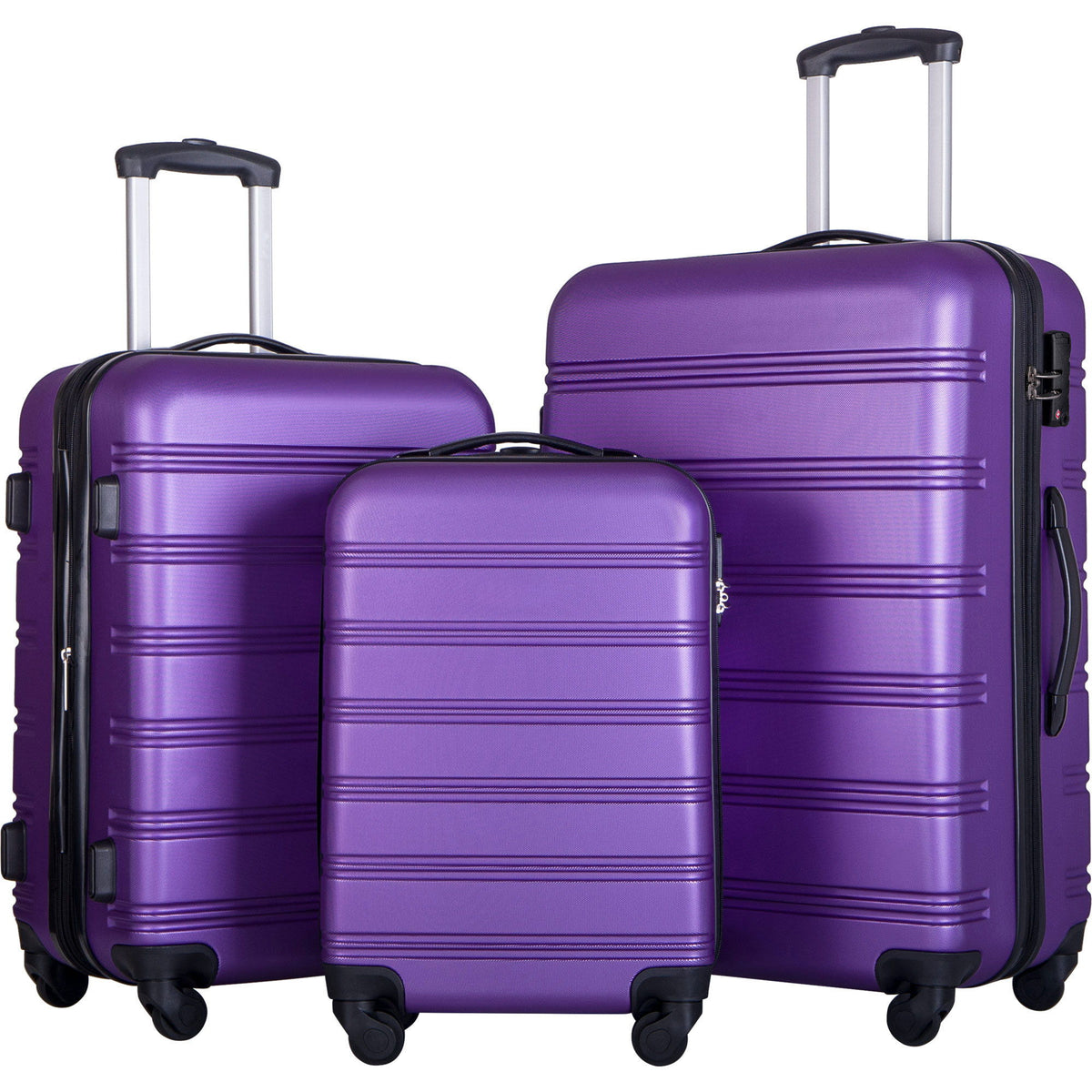 Juego de 3 maletas rígidas con ruedas y cerradura TSA, disponibles en 20, 24 y 28 pulgadas.