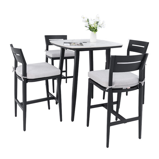 5 Pieces Outdoor Patio Bar Set, Rounded Square Table & 4 Aluminum Bar Stools