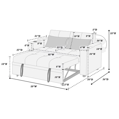 Convertible Sofa With Pull Out Bed, USB Ports & Cup Holders, Matching Pillows - Black