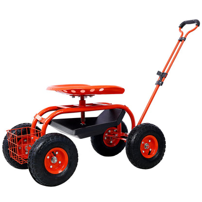 Rolling Garden Scooter Cart Seat With Wheels, 360 Swivel, Tool Tray