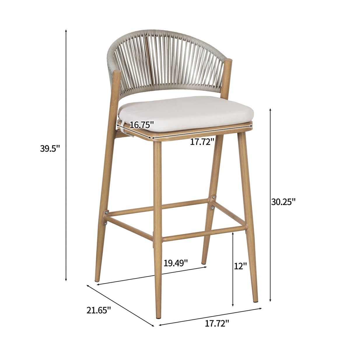 Outdoor Bar Height Metal Frame Counter Stools With Scallop Shaped Backrest & Water Resistant Cushions