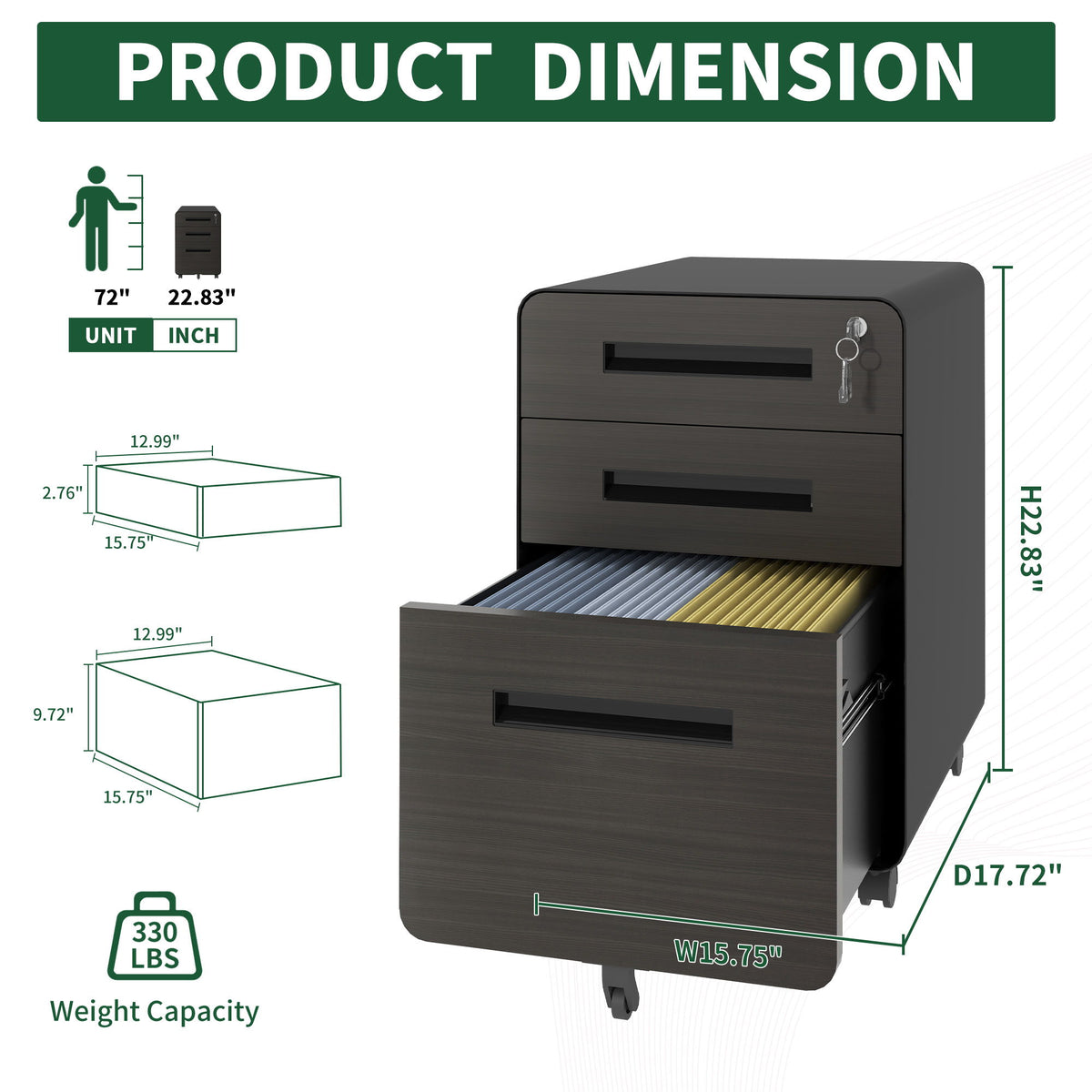 3-Drawer Mobile File Cabinet With Lock, On Casters, Holds A4/Letter Files