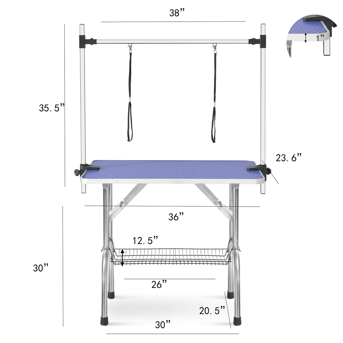 Mesa de aseo plegable para perros y gatos con marco de acero inoxidable y alfombrilla de goma integrada, brazo ajustable y abrazaderas.